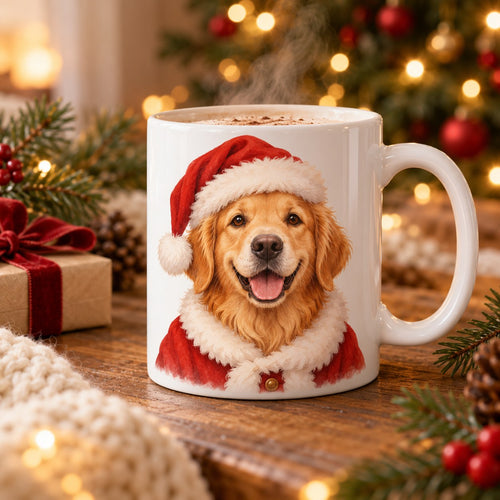 Weiße PawPixel-Tasse mit Golden Retriever als Weihnachtsmann vor dem Weihnachtsbaum