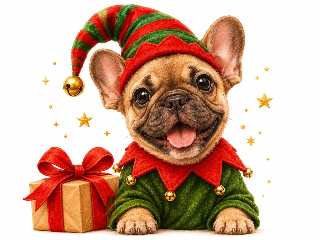 Illustration: Französische Bulldogge als Weihnachtselfe mit gestreifter Mütze und Geschenk