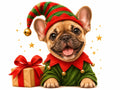 Illustration: Französische Bulldogge als Weihnachtselfe mit gestreifter Mütze und Geschenk