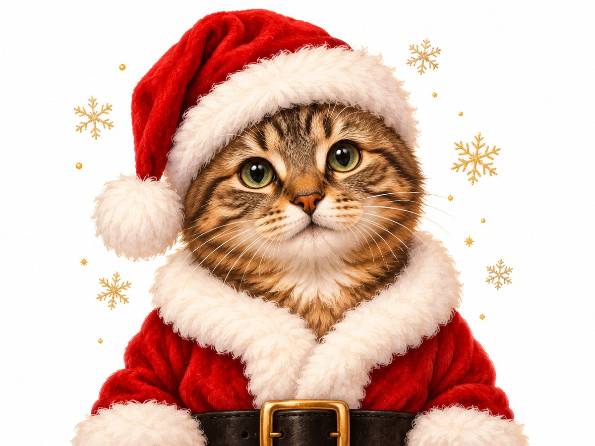 Illustration: getigerte Katze als Weihnachtsmann mit roter Mütze und Mantel