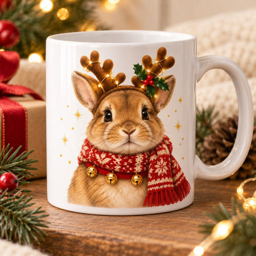 Weiße PawPixel-Tasse mit Kaninchen als Rentier mit Geweih, Lichterkette und Strickschal